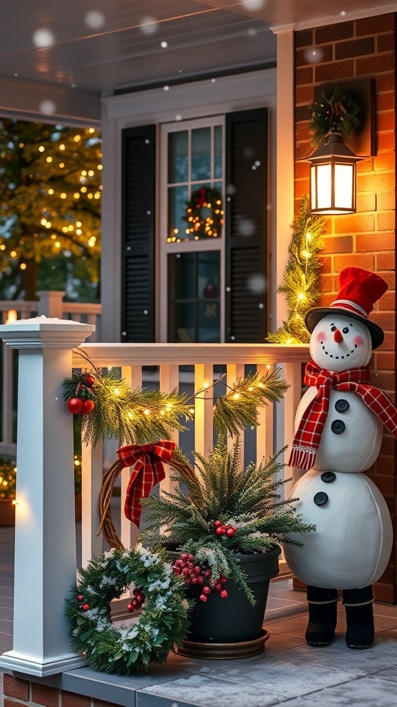 Outdoor Christmas decorations including a wreath, lights, and a snowman on a porch.